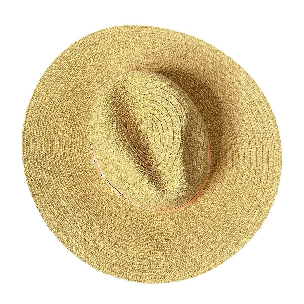 Anthropologie Brighton Beach Rancher Straw Hat Paper Tan Orange Ribbon Bow - Picture 6 of 10